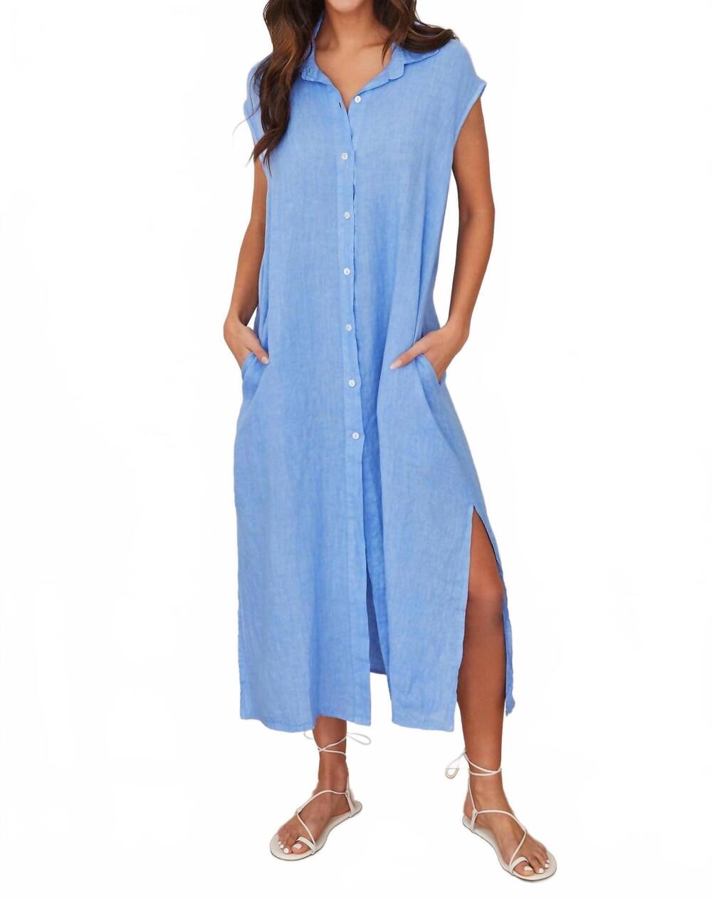 NEW MILIO MILANO long crinkle linen sleeveless shirt dress in sky blue